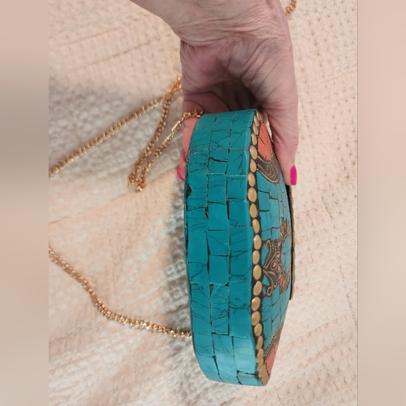 Ramla Handmade Turquoise Mosaic Floral Purse with Gold Chain Strap Southwestern - Picture 5 of 11
